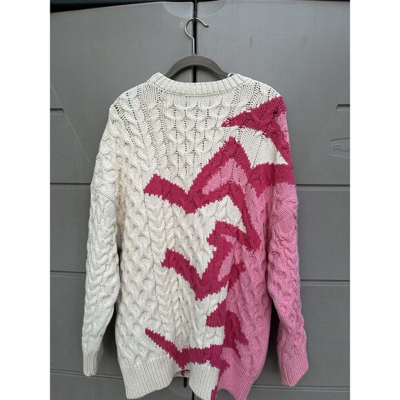 ZARA Oversized Cream Pink Jacquard Chunky Cable Knit Fisherman Sweater Sz M Retr - Picture 15 of 16